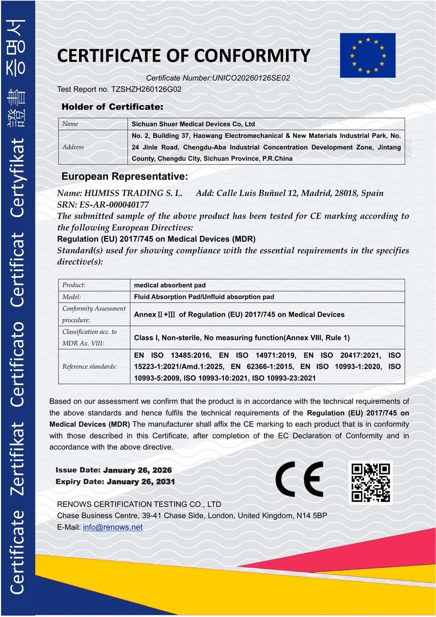 Medical absorbent pad CE certificate