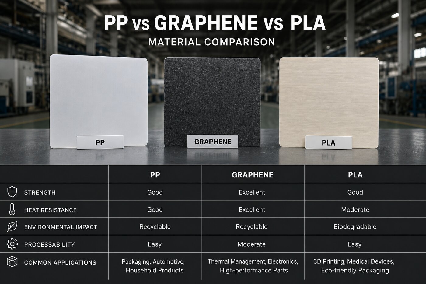 PP vs graphene vs PLA material comparison
